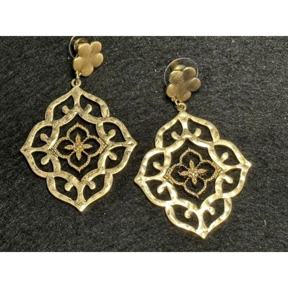 Gold Tone Moroccan Filigree Dangle Earrings Boho Statement Flower Style New
